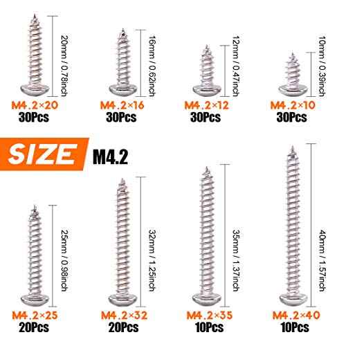 180-Pcs [#8 3/8" to 1-1/2"] 304 Stainless Steel Round Pan Head Phillips Cross Wood Screws Self Tapping Drilling Screws Assortment Kit