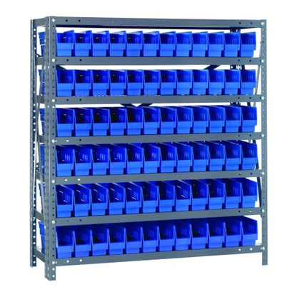 Quantum Storage Systems 1239-100BL Steel Shelving Unit with 4" Shelf Bins, 12" D x 36" W x 39" H, Blue - size: 39" H x 36" W x 12" D, style: 12" L x 3" W x 4" H 72 Economy Blue Bins
