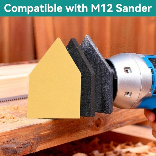 Supkiir 100 Pcs 80/120/180/220/400 Grit Triangle Sanding Sheets and 2 Sanding Interface Pads Compatible with Milwaukee M12 Sander, Heavy-Duty Hook & Loop Sanding Paper for Wood Finishing Detail Sander