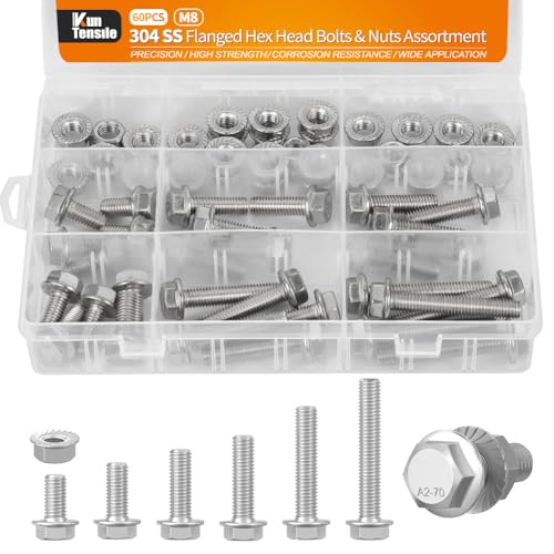 M8 Bolts and Nuts Assortment, 304 SS Flange Hex Bolts Flange Nuts 60pcs - color: Stainless Steel, size: M8