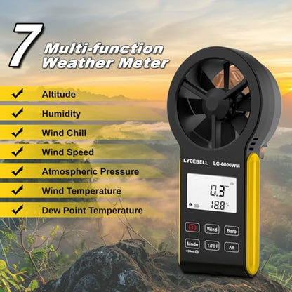 7-in-1 Anemometer Handheld CFM Meter for Wind Speed, Atmospheric Pressure, Wind Chill, Temperature, Humidity, Altitude, Dew Point Temp, Digital Air Flow Wind Gauge HVAC Outdoor Weather Meter