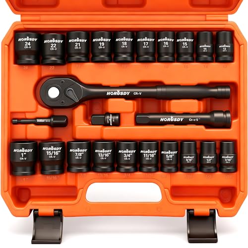 HORUSDY 1/2" Drive Shallow Impact Socket Set, 24-Piece SAE (7/16"-1") and Metric (13-24mm), 6 Point, Cr-V, Includes 1/2-Inch Drive Ratchet Handle, Drive Extension Bar - color: 24 Pcs 1/2" Orange
