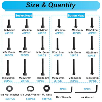 2135PCS M3 Screws Kit, M3x5/6/8/10/12/16/20/25/30/35mm Button Head and Socket Head Screws Bolts Nuts Washers Kit, 10.9 & 12.9 Grade Alloy Steel, Metric Bolts for 3D Printing - color: BK-M3 x 5-35mm