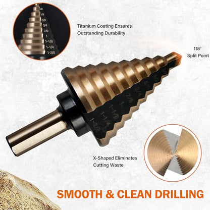 KENDO 6PCS Step Drill Bit Set for Metal, 50 Hole Sizes with Center Punch