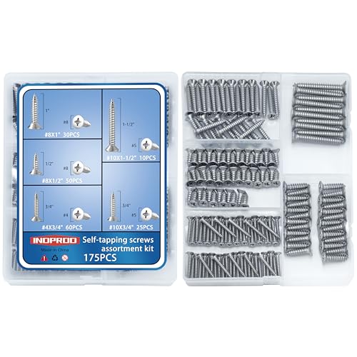 INDPRDO 175Pcs Stainless Steel Wood Screws Assortment Kit, #4#8#10 Phillips Flat Head Sheet Metal Screws Set, Self Tapping Screws for Metal, Small Screws,5 Sizes(3/4", 1/2", 1", 3/4", 1-1/2") - color: Stainless Steel Screws, size: #4 #8 #10 x 1/2"-1-1/2"