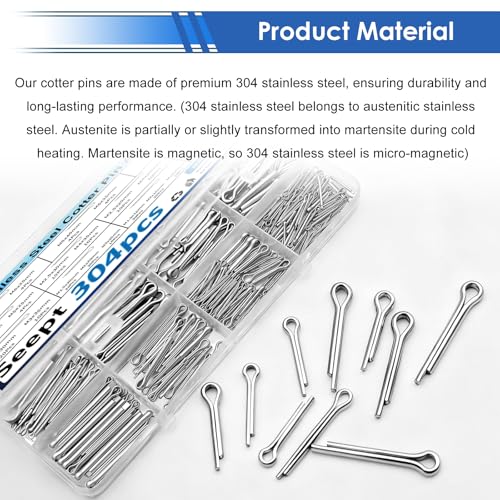 304Pcs Cotter Pins 24-Sizes 304 Stainless Steel Cotter Pins Assortment Kit Used for Hitch Lock System, Trucks, Engine Repair - size: 304Pcs 24-sizes