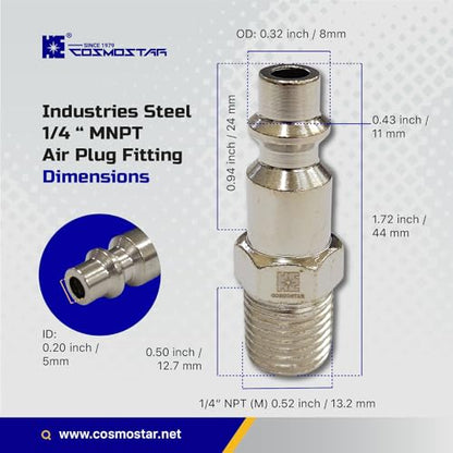 COSMOSTAR Industries Steel 1/4" MNPT Air Plug Fitting, 1/4 Inch Plug and 1/4" NPT Connector - Industrial Type Quick Connect Plugs (1/4" PMNPT0, 5 PCS)