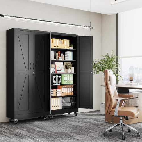 erosoe 75" H Metal Garage Storage Cabinet, Rolling Tool Cabinet with 2 Doors and Wheels, Locker Steel Cabinet with 5 Adjustable Shelves, Organization Cabinet for Garage,Office,Home,Gym,School-Black - color: Black, size: 75" CasLck-M