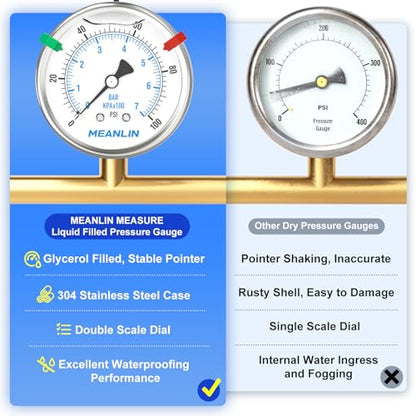 MEANLIN MEASURE 0~100Psi Stainless Steel Liquid Filled Pressure Gauge 2.5" FACE DIAL 1/4" NPT for Well Pump Tire Water Pressure Tester Back Mount with Stainless Steel Hex Bushing and Snaps - size: 0-100Psi, style: Back Mount