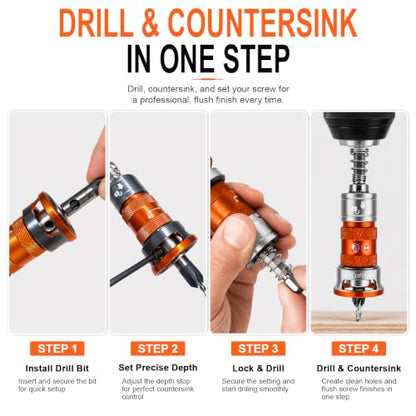 13 PCS Upgraded Adjustable Depth Countersink Drill Bit Set, M2 HSS 4-Flute Wood Chamfer Bits with Quick Adjust Depth Stop, L Wrench & Pilot Bits for Wood, Plastic & DIY Woodworking