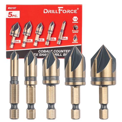 Cobalt Countersink Drill Bits Set(5PCS), M35 HSSCO 82 Degree 5 Flutes,1/4 Inch Quick Change Hex Shank for Stainless Steel, Metal, Wood, Carbon Steel 1/4'' 3/8'' 1/2'' 5/8'' 3/4''