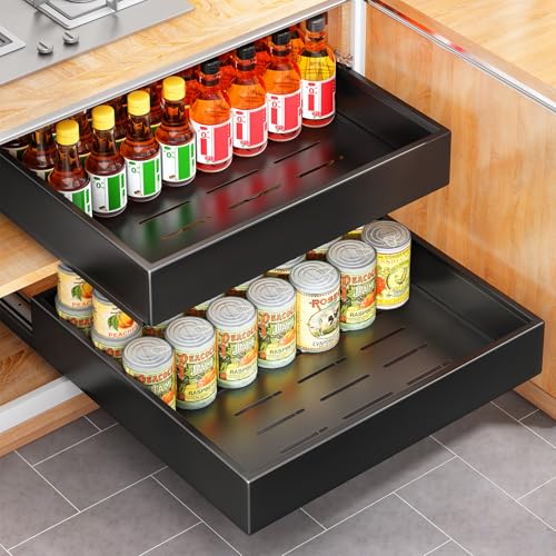 Pull out Cabinet Organizer, 21"Deep, 20"Wide Full-Extension Heavy Duty Slide out Drawers with Nano Adhesive, Roll Out Shelves Sliding Cabinet for Kitchen, Bathroom, Pantry, Under Sink Storage(Black) - color: Black, size: 20"Wide-21"Deep (1Pack）