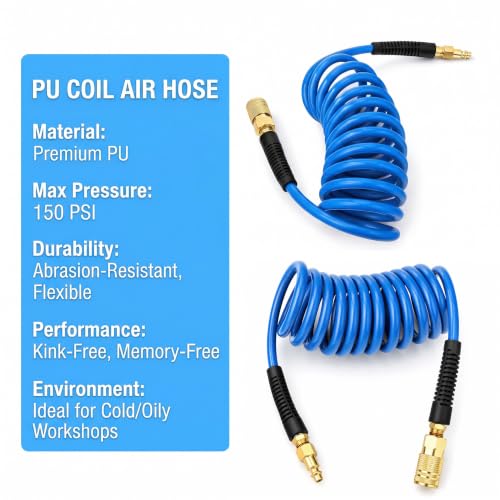 2PCS Polyurethane Recoil Air Hose, 1/4" ID by 25FT, Blue - color: Blue, size: 1/4" ID x 25FT