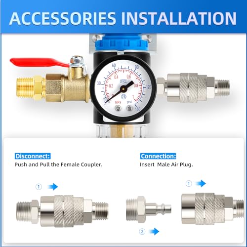 MEANLIN MEASURE Air Compressor Pressure Switch Control Valve 120-150 PSI 110V-240V 4-way Replacement Parts With AFR2000 Air Line Filter and Safety Pressure Relief Valve - style: Filter Model