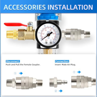 MEANLIN MEASURE Air Compressor Pressure Switch Control Valve 120-150 PSI 110V-240V 4-way Replacement Parts With AFR2000 Air Line Filter and Safety Pressure Relief Valve - style: Filter Model