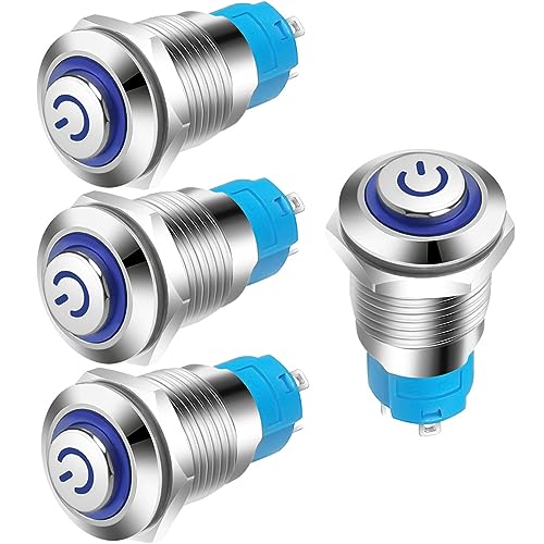 Gebildet 4pcs IP65 Waterproof Push Button 12mm 3A 12-24V with LED Indicator Light Latching Metal Push Button(High Head) - size: 12mm-Blue LED