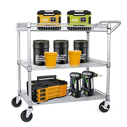 WDT 990Lbs Capacity Heavy Duty Rolling Utility Cart, NSF Rolling Carts with Wheels,Commercial Grade Metal Cart with Handle Bar & Shelf Liner,Trolley Serving Cart for Restaurant,Kitchen,Gray - color: Gray-3 Tier