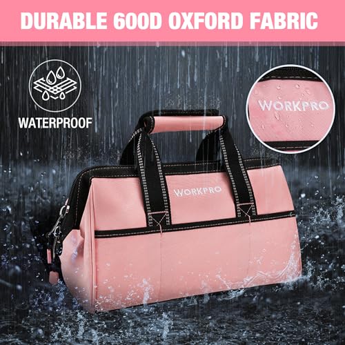 WORKPRO 13-Inch Tool Bag, Pink Soft Cloth Tool Storage Bags, Wide Mouth Tool Tote Bag with Inside Pockets - Pink Ribbon - color: Pink