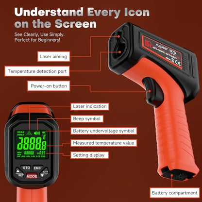 Infrared Thermometer Temperature Gun, 3272°F, 50:1 - color: -58°F to 3272°F