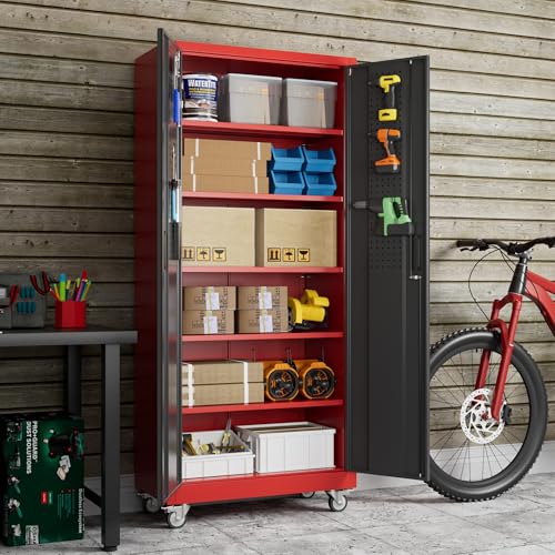 Aobabo Metal Garage Storage Cabinet with Wheels, 34" W x 18" D x 71" H,Red - color: Black Red, size: 18"D x 34"W x 71"H