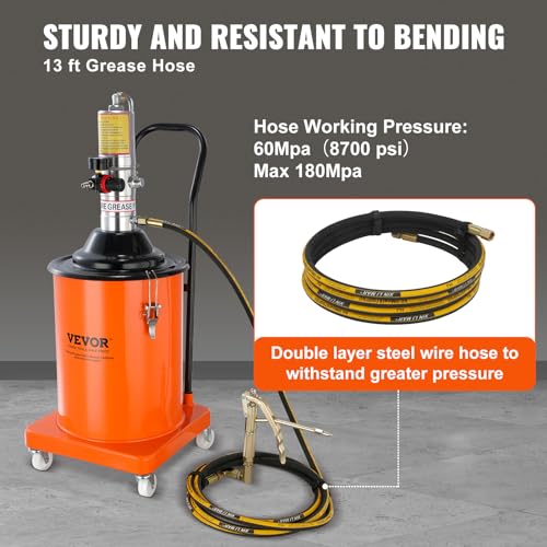 VEVOR Grease Pump, 5 Gallon Air Grease Pump with 13 ft High Pressure Hose and Grease Gun, 20L Pneumatic Grease Pump with Wheels, Portable Lubrication Grease Pump - style: 5 Gallon