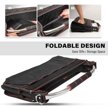 HAUTMEC 18" Foldable Tool Tote, Open Top Tool Bag with Removable Divider & Stiff Frame, 23-Pockets Electrician Tool Bag with Padded Steel Handle, Shoulder Strap & Water-Resistant Hard Base – HT0020 - size: 18-Inch, style: Foldable