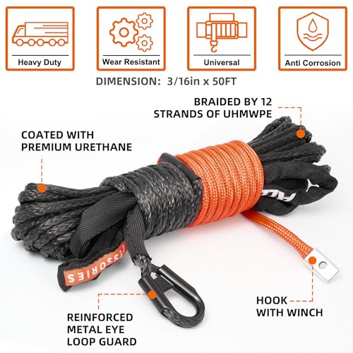 ALL-TOP Synthetic Winch Rope Cable, 3/16" x50ft, 8350LBS Winch Replace Line with Protective Sleeve for Offroad Vehicle ATV UTV - color: Gray, Rope for ATV & UTV, size: 3/16in x 50ft, 8350Lbs BSR, for 3500Lbs winch