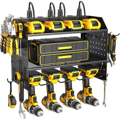 Power Tool Organizer Wall Mount 3 Layer Charging Station with 6 Outlets - color: Black