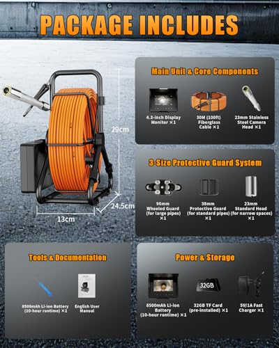 Sewer Camera 100ft w/ 23mm 1080P Probe, 8500mAh, 32GB Audio & Video Record