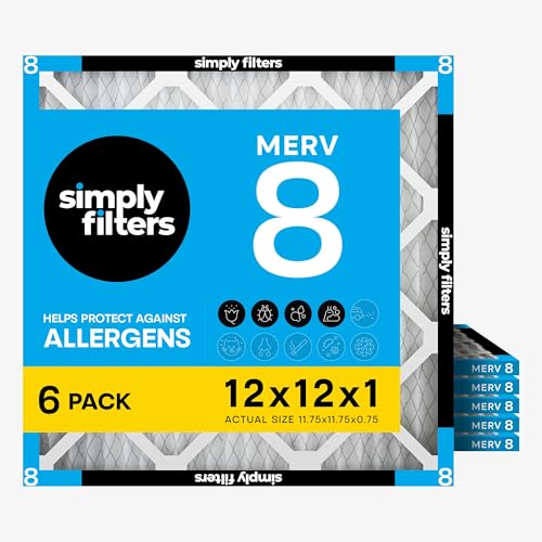 Simply 12x12x1 Air Filter, MERV 8, 6 Pack, Furnace Air Filter for HVAC (Actual Size: 11.75"x11.75"x0.75") DUST, Pet, & Allergy Control - size: 12x12x1