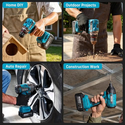 Seesii Impact Wrench Drill Driver,Power Tool Combo Kit For Car Home DIY - color: Light Blue 1000n.m + Two Batteries