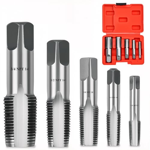 Professional 5 Piece NPT Pipe Tap Set, Carbon Steel NPT Thread Forming Taps and Drill Bits Series Set Tool, Sizes Includes 1/8", 1/4", 3/8", 1/2", 3/4" in Storage Case