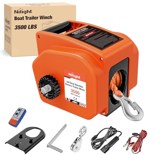 Nilight Boat Trailer Winch 3500 lbs Portable Electric Boat Winches 12 V DC Marine Winch with Synthetic Rope Remote Control Hand Crank Power-In Freewheel Waterproof Winch for Boat Trailer Towing Orange - color: Orange, size: Synthetic Rope