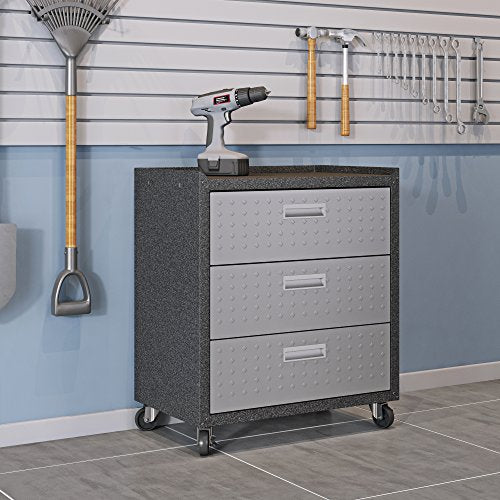 Manhattan Comfort Fortress Collection Convenient Durable Mobile Garage Chest Great for Tools and Supplies, Dark Charcoal Gray/Silver - color: Black/Grey, style: 3-Drawer
