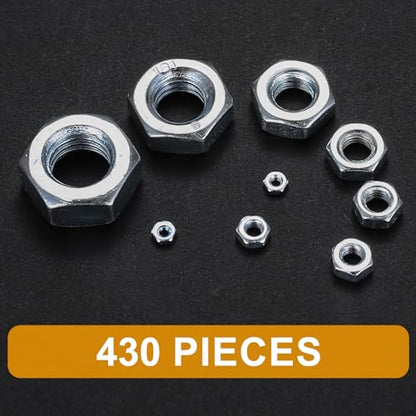 Metric Hex Nuts Assortment Kit, 430 Pcs Stainless Steel Hex Nuts Set, Hex Hardware Nuts, Coarse Thread Hexagon Nuts for Screw Bolts, M2 M2.5 M3 M4 M5 M6 M8 M10 M12