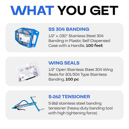 IDL Packaging 1/2" Stainless Steel 304 Banding Kit – Heavy-Duty Banding Tool + 1/2" x 0.03" x 100' Stainless Steel 304 Banding Coil + 100 Stainless Steel Wing Seals - size: 1/2" x 0.03" x 100', style: SS 304 + Seals