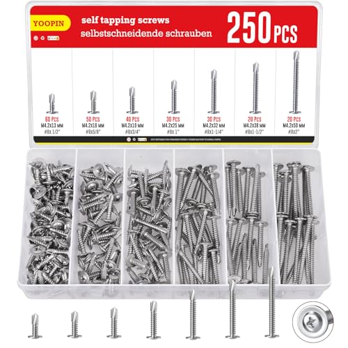 250PCS Self Tapping Screws for Metal, 410 Stainless Steel Sheet Metal Screws, #8 Assorted Round Self Drilling Screws Set for Metal Sheets, Wood, (1/2", 5/8", 3/4", 1", 1-1/4", 1-1/2", 2") - size: 250PCS