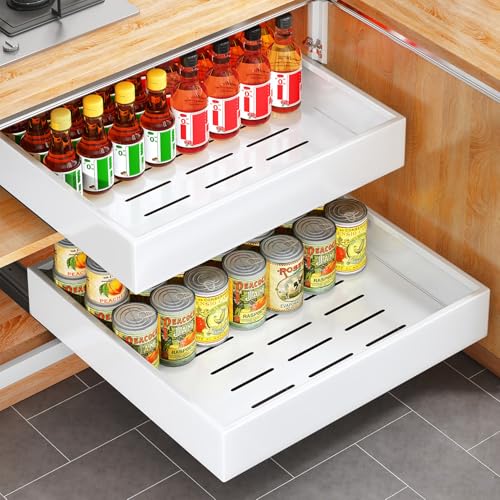 2Pack Pull out Cabinet Organizer, 21"Deep, 20"Wide Full-extension Heavy Duty Slide out Drawers Fixed with Adhesive Nano, Roll Out Shelves Sliding Cabinet for Kitchen,Bathroom,Pantry,Under Sink(White) - color: White, size: 20"Wide-21"Deep (2Pack）