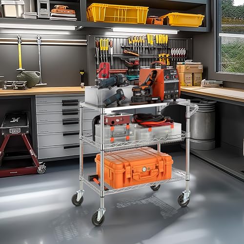 Finnhomy 3 Tier Heavy Duty Commercial Grade Utility Cart with Wood Top, Wire Rolling Cart with Wheels and Handle Bar, Kitchen Carts on Wheels, Metal Cart with 600 LBS Capacity, Chrome - style: 30“L Chrome