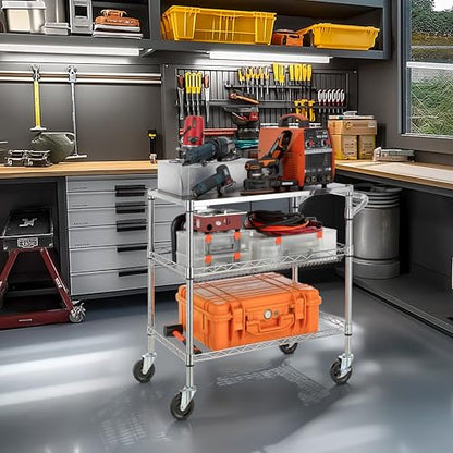 Finnhomy 3 Tier Heavy Duty Commercial Grade Utility Cart with Wood Top, Wire Rolling Cart with Wheels and Handle Bar, Kitchen Carts on Wheels, Metal Cart with 600 LBS Capacity, Chrome - style: 30“L Chrome