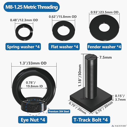 NACETURE Heavy Duty M8 T-Track Eye Bolt Tie Down Anchors, 30mm 4 Pack - color: Black M8 30mm 4 Pack