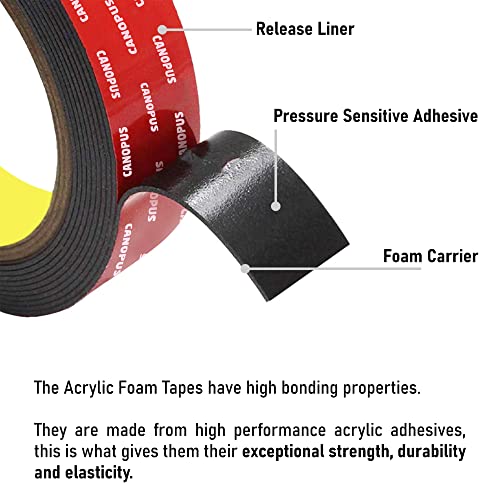 CANOPUS Double Sided Tape, 5952 Heavy Duty Mounting Tape, Strong Bond & Weatherproof Seal Strip for Automotive Mounting, Picture and Photo Frame, Poster, Craft, 1 in x 108 ft, Black, Made in USA - size: 1in x 36yd