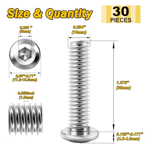 Mywish M10 x 35mm 30Pcs Silver Flat Head Hex Socket Cap Screws Bolts, 304 Stainless Steel Furniture Bolts Full Thread & Hex Spanner - color: Silver-M10, size: 35mm