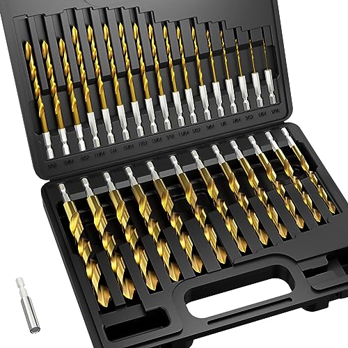 30Pcs(1/16" - 1/2") Hex Shank Titanium Twist Drill Bit Set - size: 1/16" - 1/2" - 30pcs HSS
