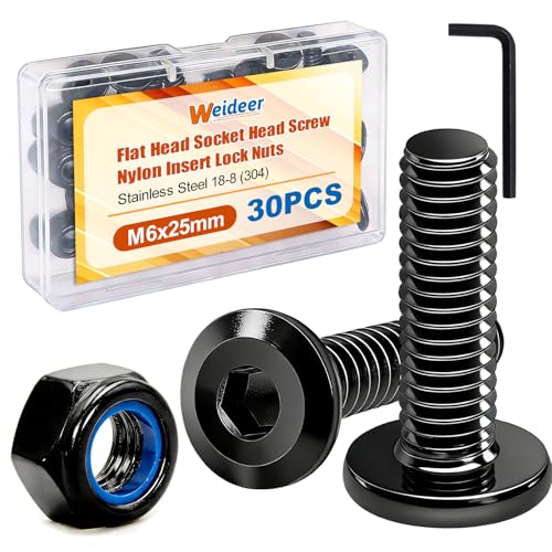 weideer 30pcs M6 x 25mm Nuts and Bolts Kit, Stainless Steel 18-8 (304) Flat Head Hex Socket Cap Furniture Bolts,Nylon Insert Hex Lock Nuts with Hex Spanner - size: M6x25mm, style: Flat Head Hex