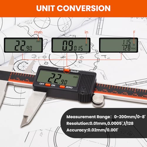 HARDELL 8 Inch Digital Calipers with LCD, Stainless & Auto-Off - size: 8 Inch