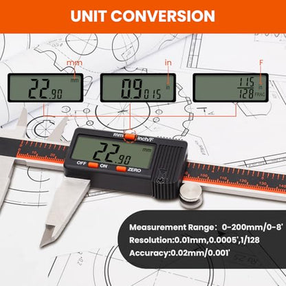 HARDELL 8 Inch Digital Calipers with LCD, Stainless & Auto-Off - size: 8 Inch