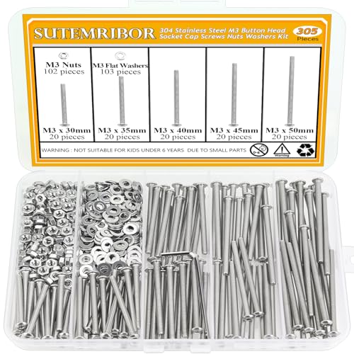 305 Pieces M3 x 30/35/40/45/50mm Button Head Socket Cap Screws Nuts Washers Set Silver, Sutemribor M3 Long Screws, M3 Stainless Screws Nuts Washers Assortment Kit, 304 Stainless Steel, Fully Threaded - size: M3 Long Screws Kit, style: Button Head