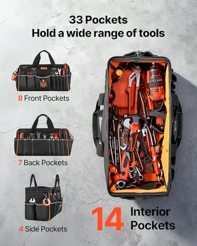VEVOR Tool Bag, 20 Inch, 33-Pocket Portable Large Tool Box Organizer Storage, Toolbox with Big Zipper, Adjustable Shoulder Strap, Water-Resistant Carry Toolbag, for Men Women Dad Husband Fathers Day