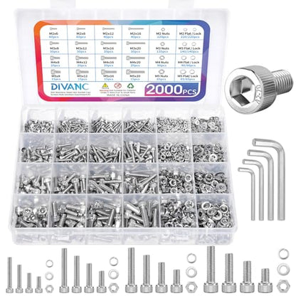 Metric Screw Assortment, 2000PCS Metric Bolt Assortment Kit M2 M3 M4 M5 Machine Screws with Lock & Flat Washers, 304 Stainless Steel Hex Socket Head Cap Screws Nuts and Bolts Kit (Silver) - size: M2M3M4M5 2000PCS (Silver)